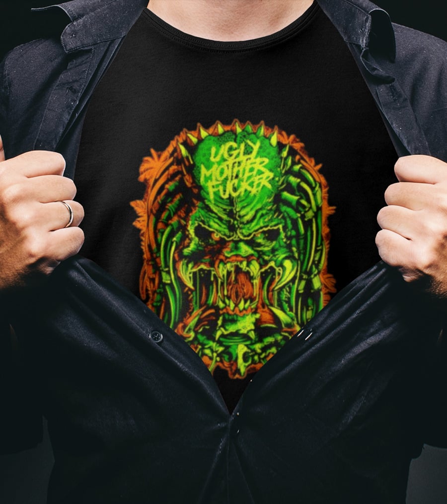 Predator Ugly Mother Fucker Alien Mask Neon Green And Orange T-Shirt