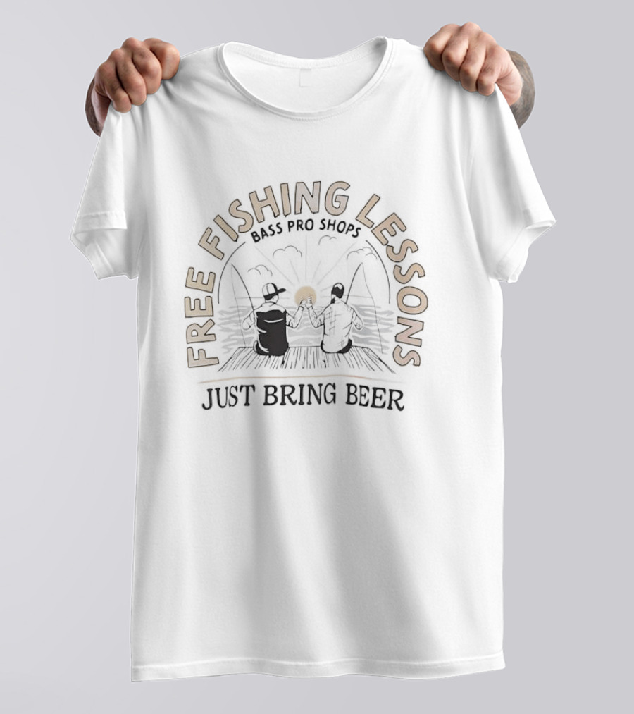 Free Fishing Lessons Bring Beer Lake Dock Scene T-Shirt