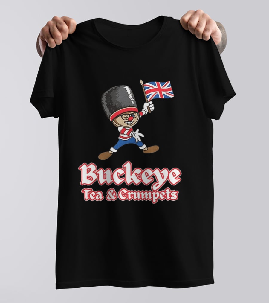 Buckeye Tea And Crumpets British Guard Cartoon With Union Jack Flag T-Shirt