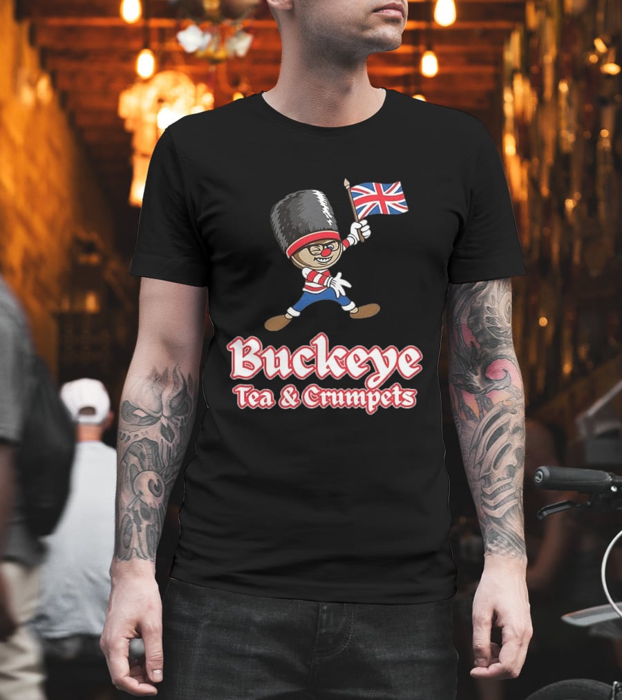 Buckeye Tea And Crumpets British Guard Cartoon With Union Jack Flag T-Shirt