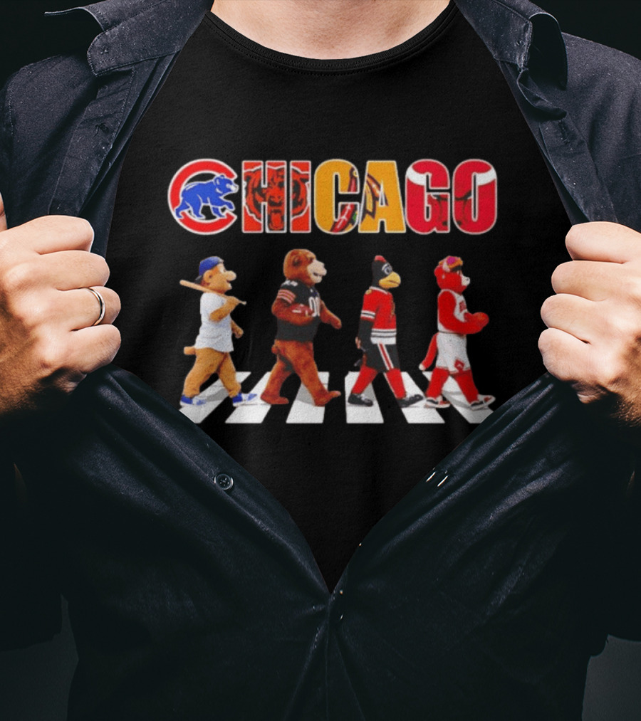 Chicago Cubs Bears Blackhawks Bulls Mascots Crossing Abbey Road T-Shirt