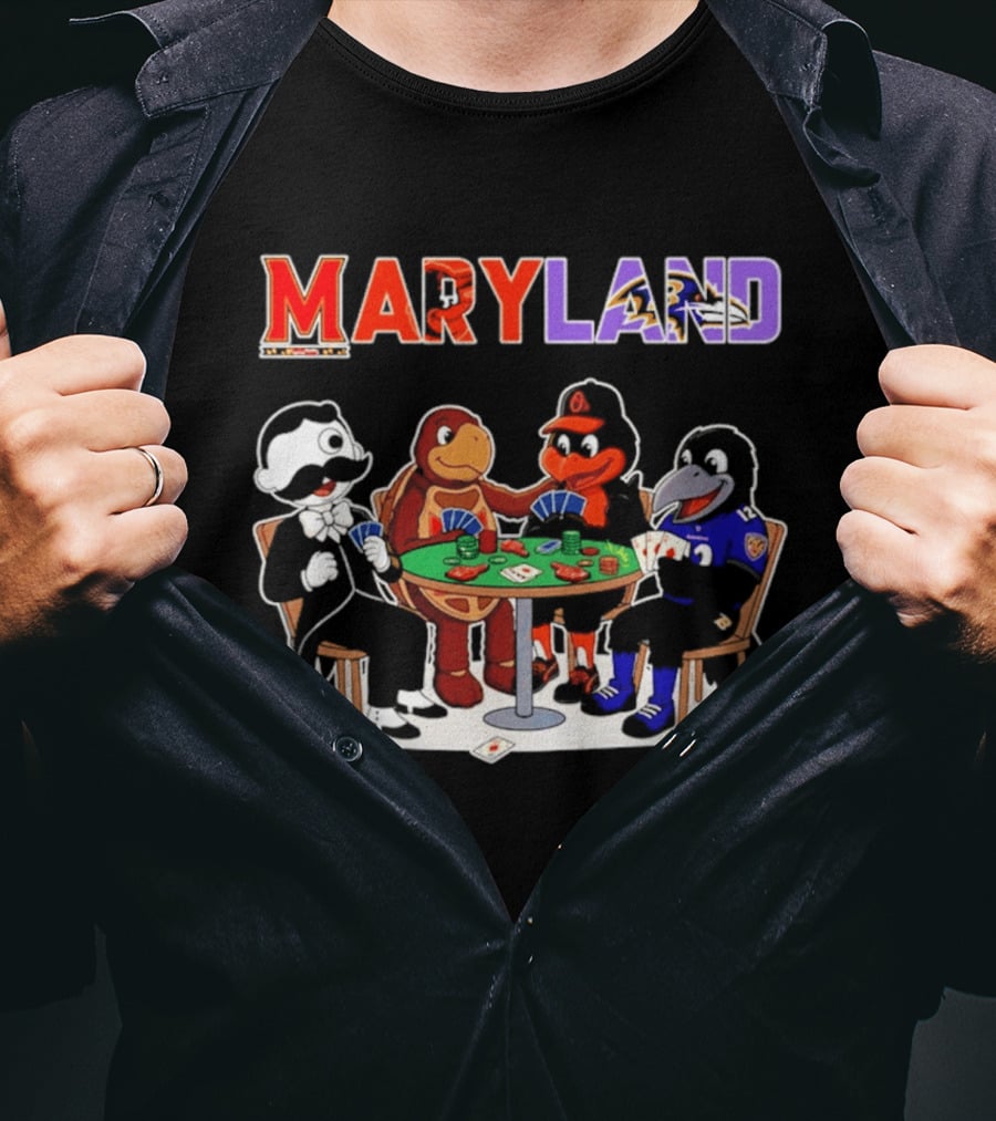 Maryland Mascots Playing Poker With Natty Boh, Orioles, Ravens, And Terrapins T-Shirt