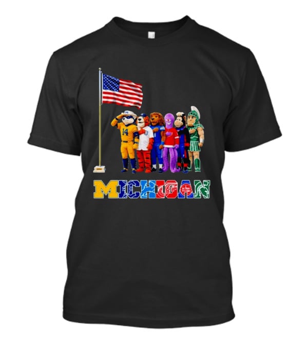 Patriotism In Michigan Sports Mascots Saluting American Flag T-Shirt