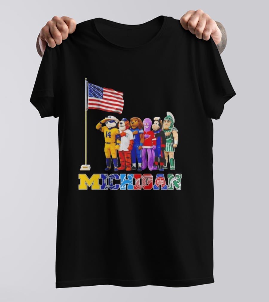 Michigan Wolverine Tigers Lions Red Wings Pistons Spartans Salute American Flag T-Shirt