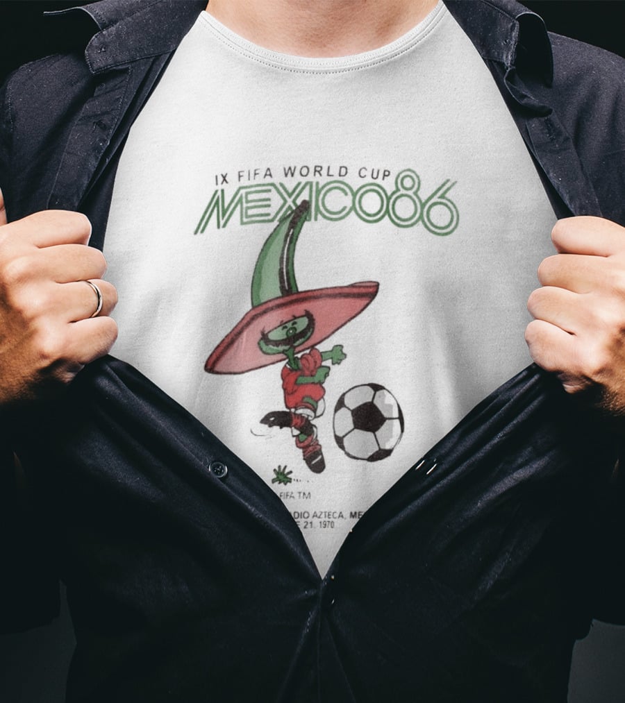 IX FIFA World Cup Mexico 86 Mascot Pique In Red Sombrero And Green Poncho With Soccer Ball T-Shirt