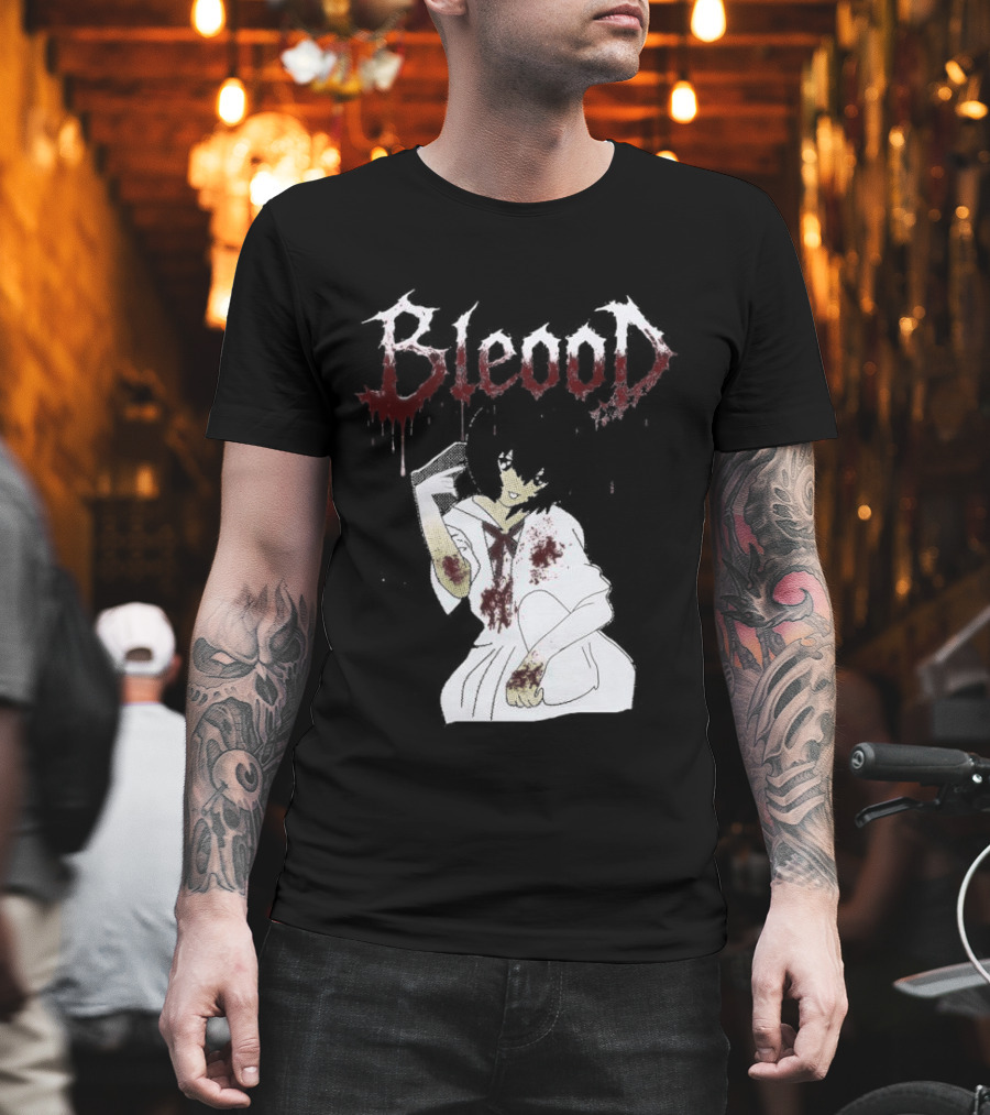 Blood Anime Style Dripping Text And Mysterious Figure T-Shirt