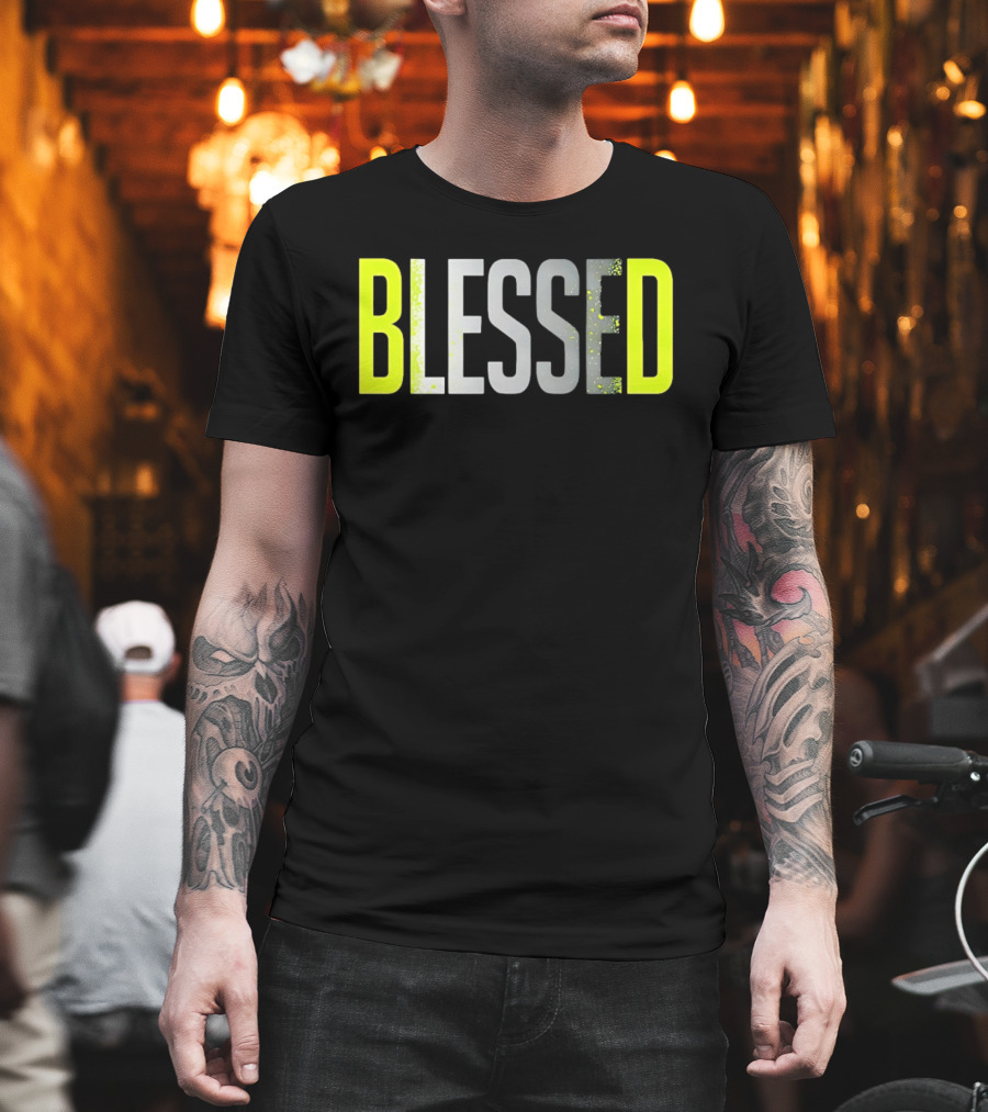 Blessed Neon Yellow Bold Text Vivid Splash Effect T-Shirt