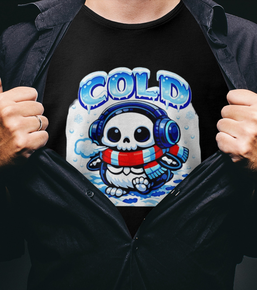 Cold Penguin Skeleton Winter Scarf Headphones Snowflakes T-Shirt
