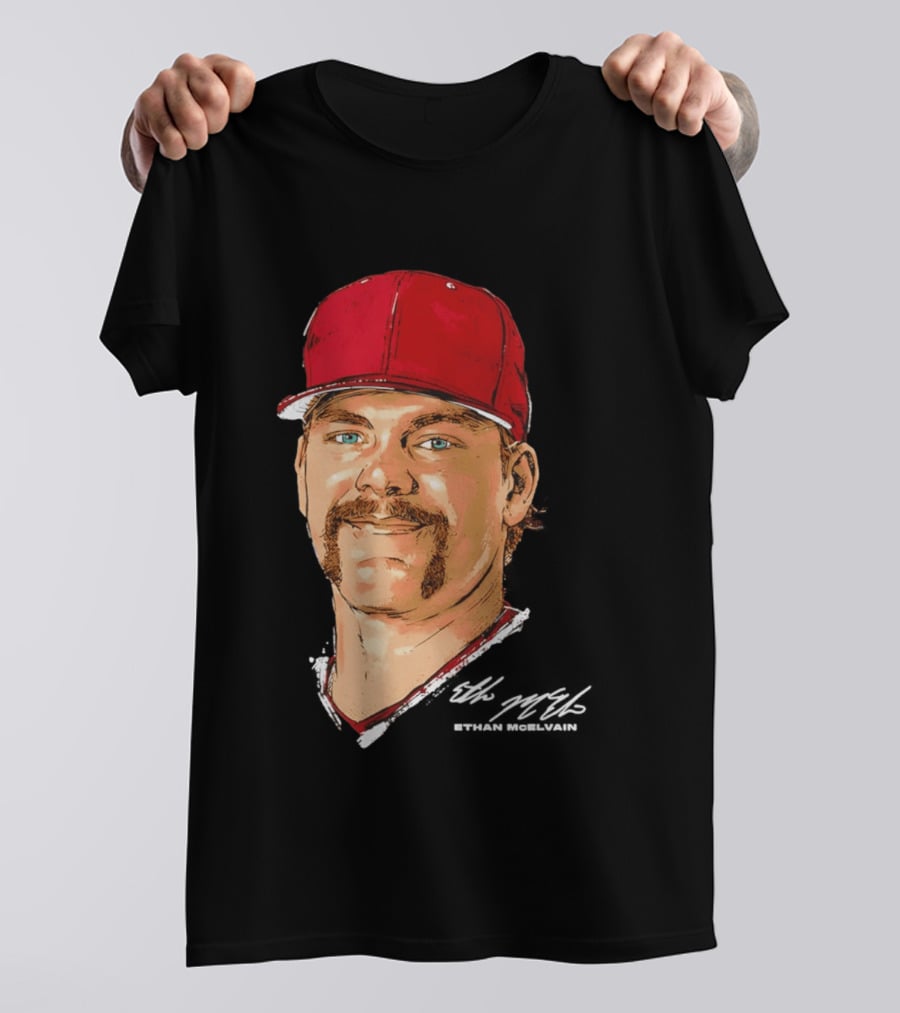 Ethan McElvain Arkansas Razorbacks Baseball Player Portrait In Red Cap T-Shirt