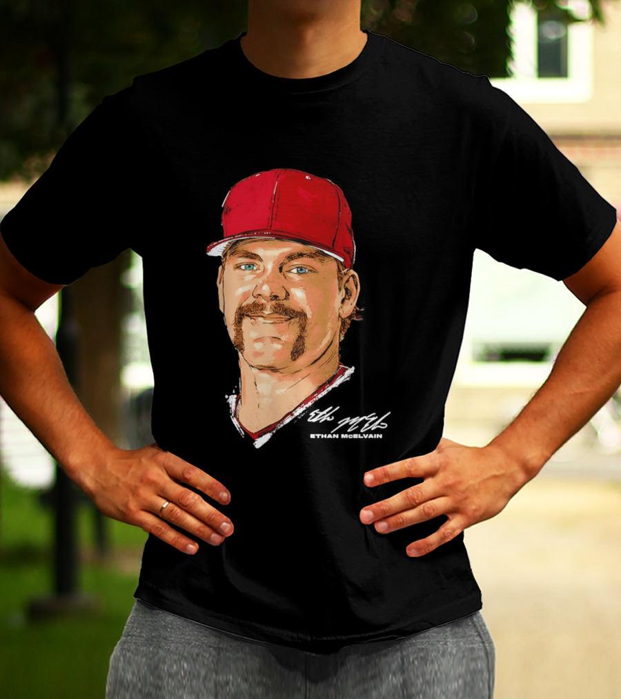 Ethan McElvain Arkansas Razorbacks Baseball Player Portrait In Red Cap T-Shirt