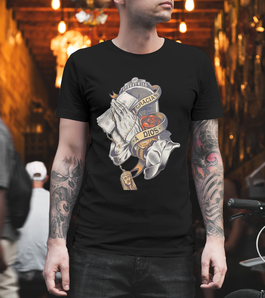 Streetwise Gracias A Dios Prayer Hands Rose Rosary T-Shirt