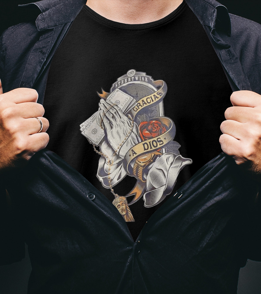 Streetwise Gracias A Dios Prayer Hands Rose Rosary T-Shirt
