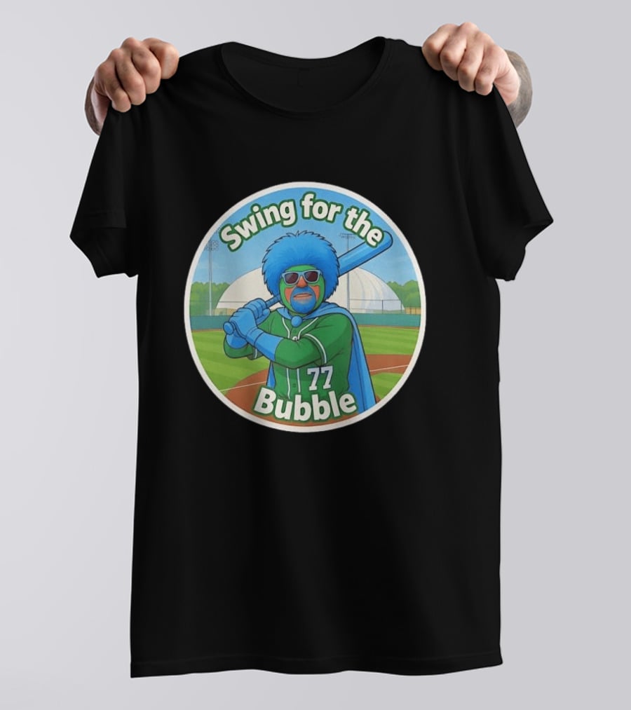 Swing For The Bubble 77 Baseball Cartoon Player Stadium T-Shirt
