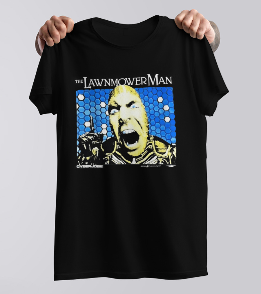 The Lawnmower Man Futuristic Cybernetic Face Against Blue Hexagon T-Shirt
