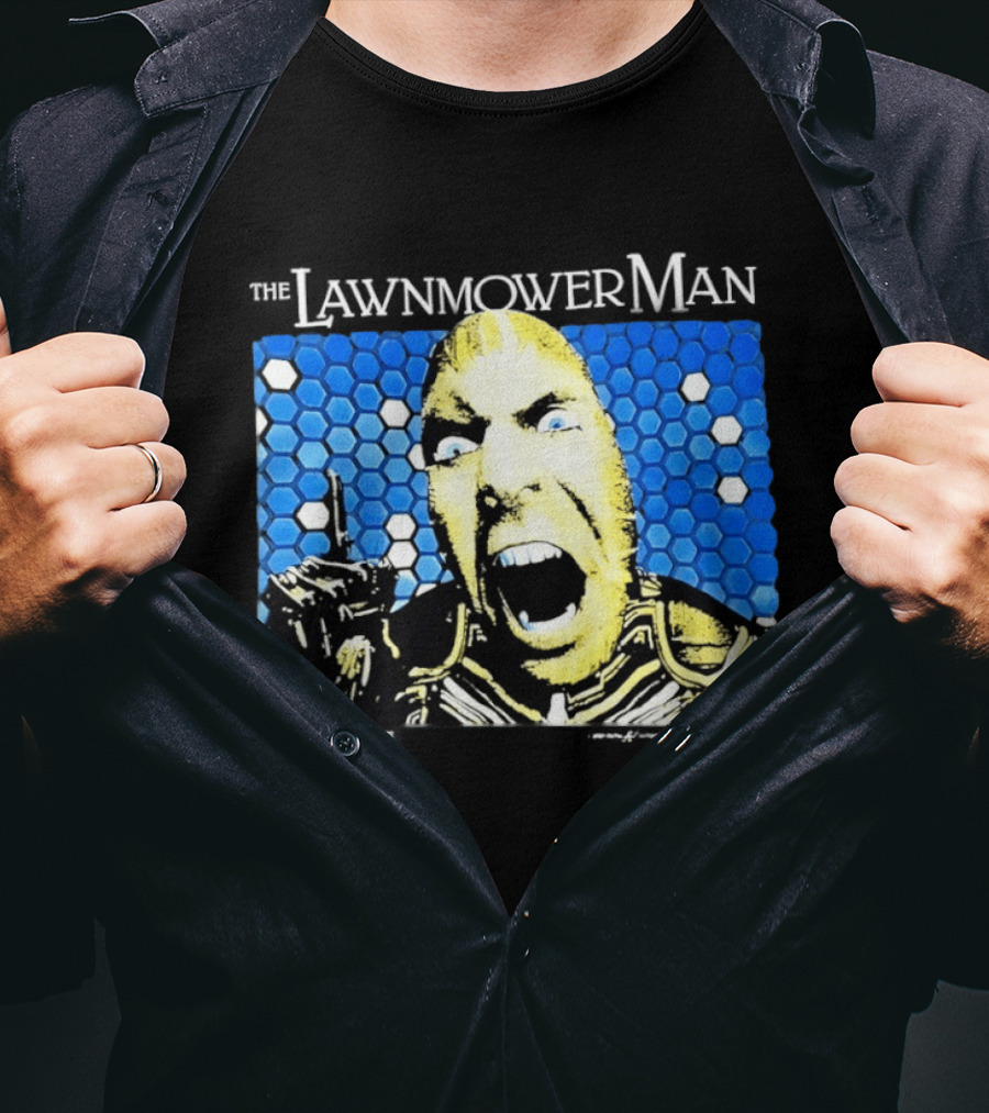 The Lawnmower Man Futuristic Cybernetic Face Against Blue Hexagon T-Shirt