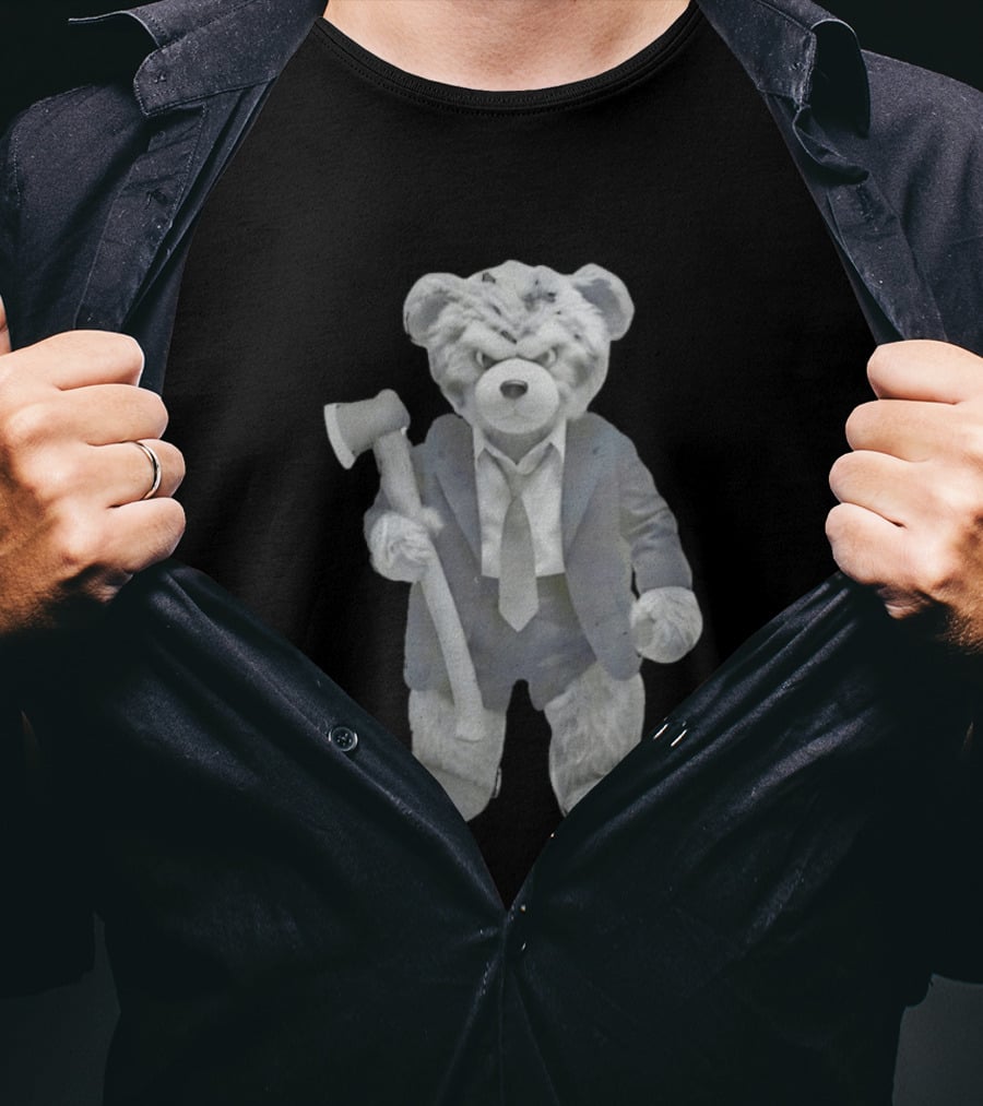 Grumpy Teddy Bear In Suit Holding Axe Horror T-Shirt