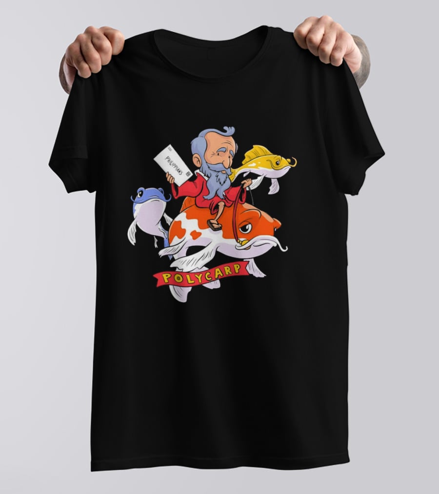 Polycarp Philippians Cartoon Elder Riding Giant Koi Fish With Scroll And Whimsical Sea Creatures T-Shirt