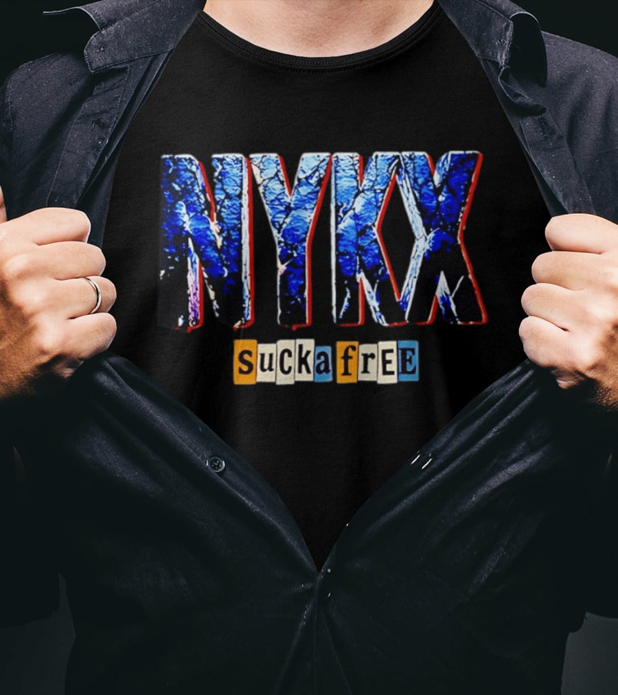 NYKX Sucka Free Bold Blue Text With Colorful Block Letters T-Shirt