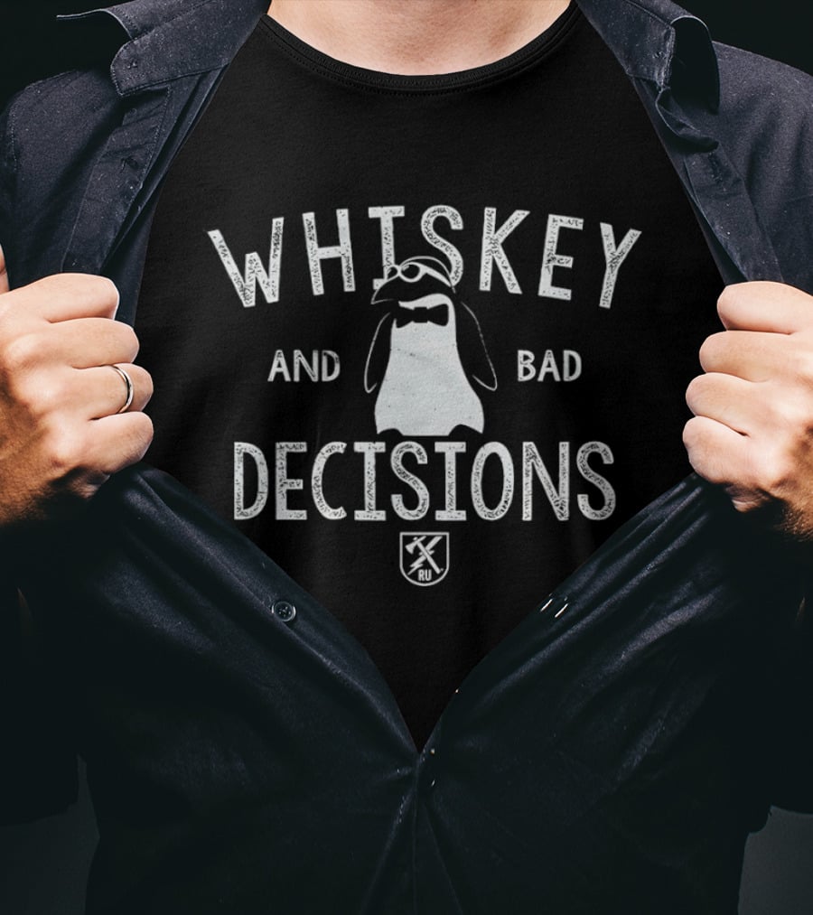 Whiskey And Bad Decisions Penguin With Crossed Axes T-Shirt