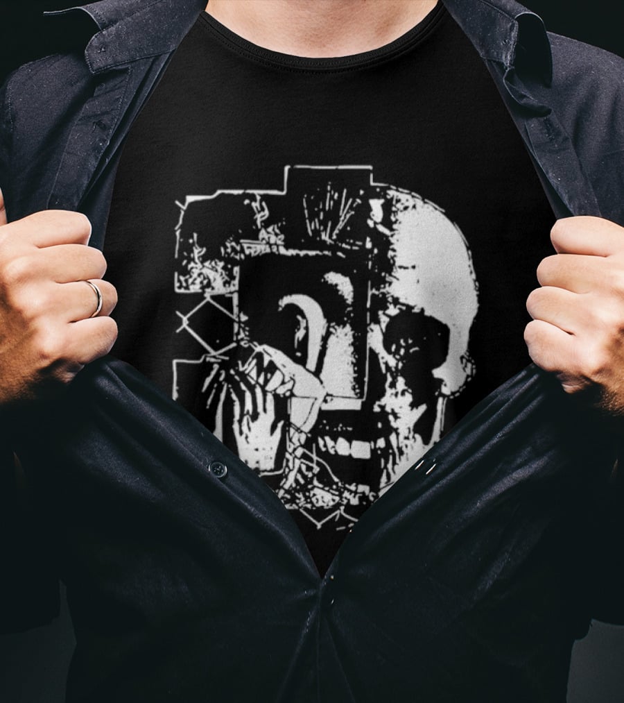 Harms Way Chain Link Skull 2026 Distorted Surreal White Design With Fence T-Shirt