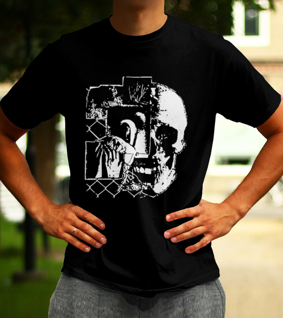 Harms Way Chain Link Skull 2026 Distorted Surreal White Design With Fence T-Shirt