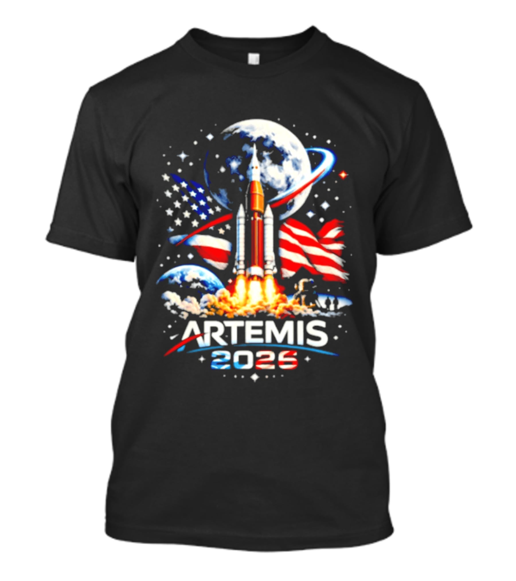 Artemis 2025 Rocket Launch USA Flag Moon Exploration T-Shirt