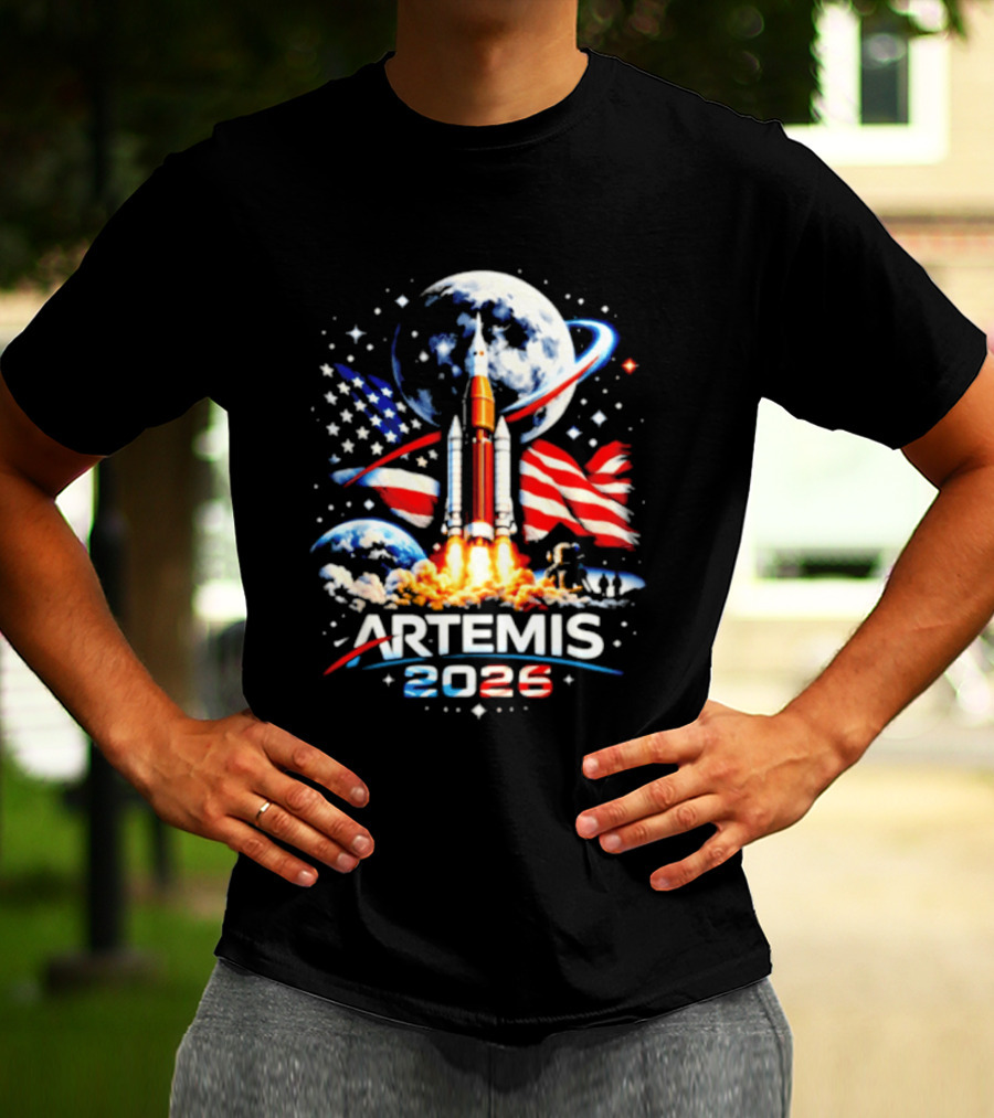 Artemis 2025 Rocket Launch USA Flag Moon Exploration T-Shirt