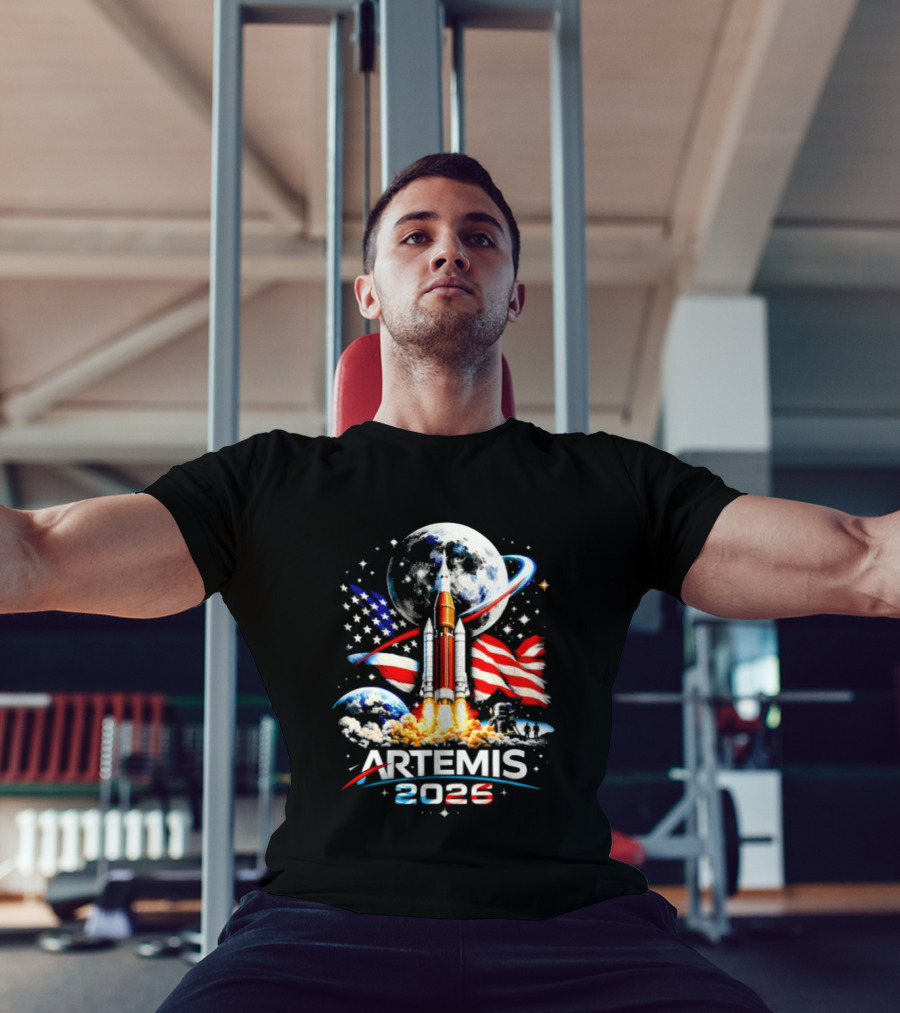 Artemis 2026 Moon Mission American Rocket Launch With Flag And Stars T-Shirt