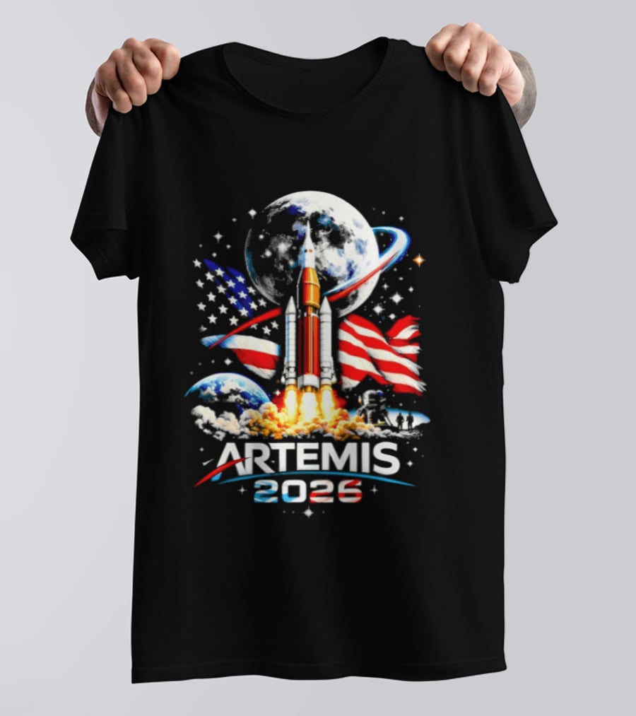Artemis 2026 Moon Mission American Rocket Launch With Flag And Stars T-Shirt