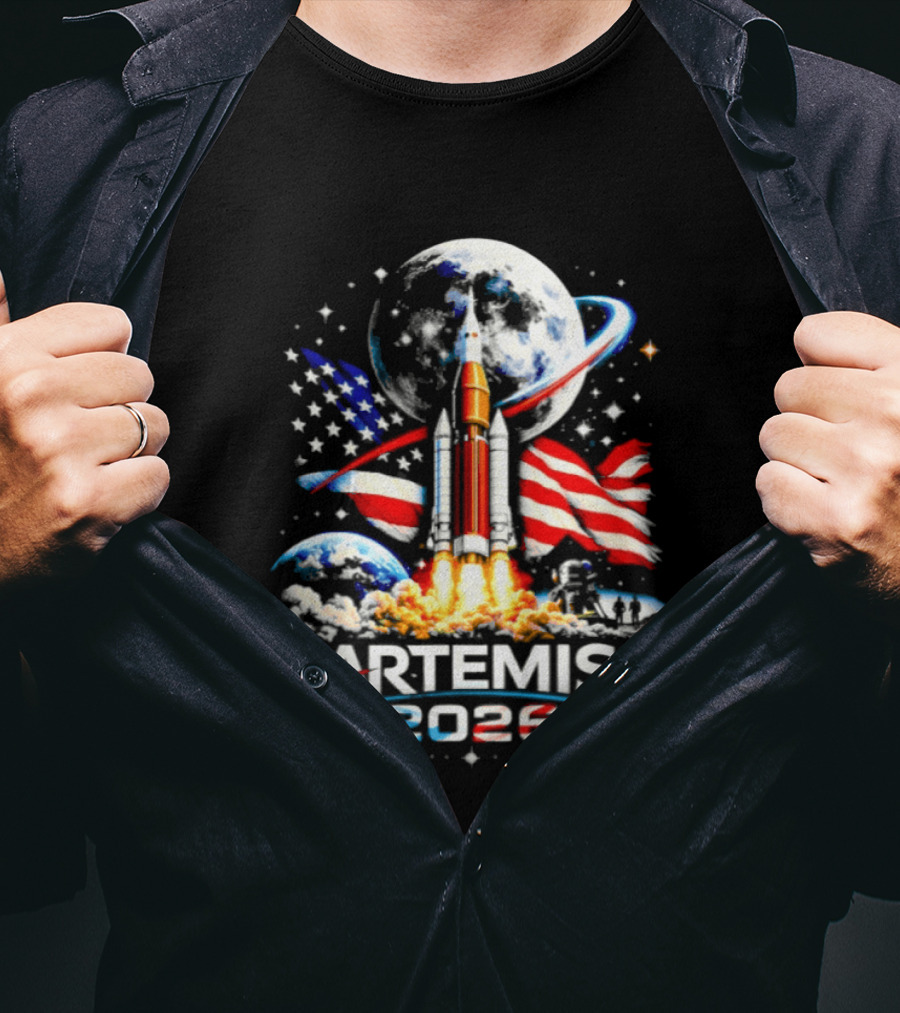 Artemis 2026 Moon Mission American Rocket Launch With Flag And Stars T-Shirt