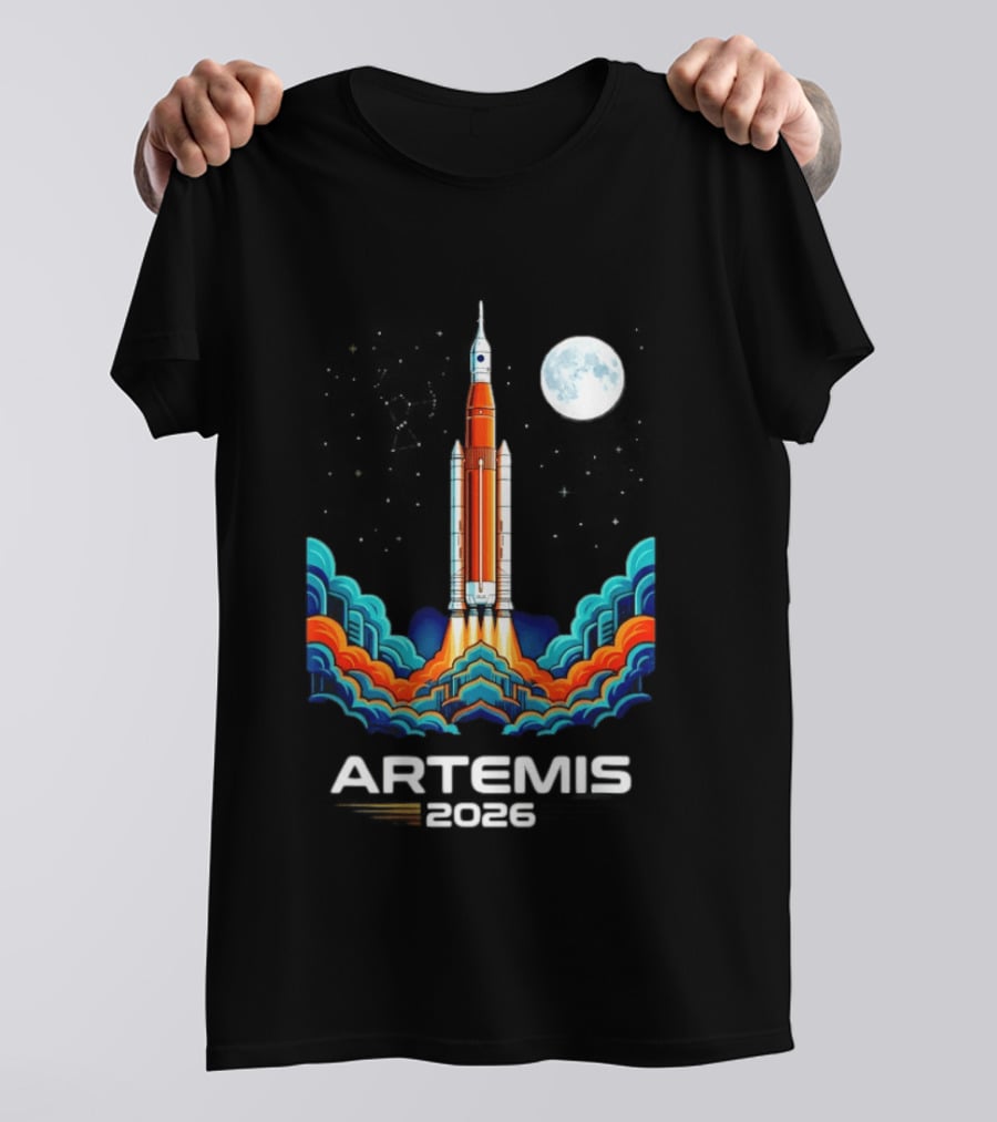 Artemis 2026 Moon Mission Rocket Launch With Vibrant Waves And Full Moon T-Shirt
