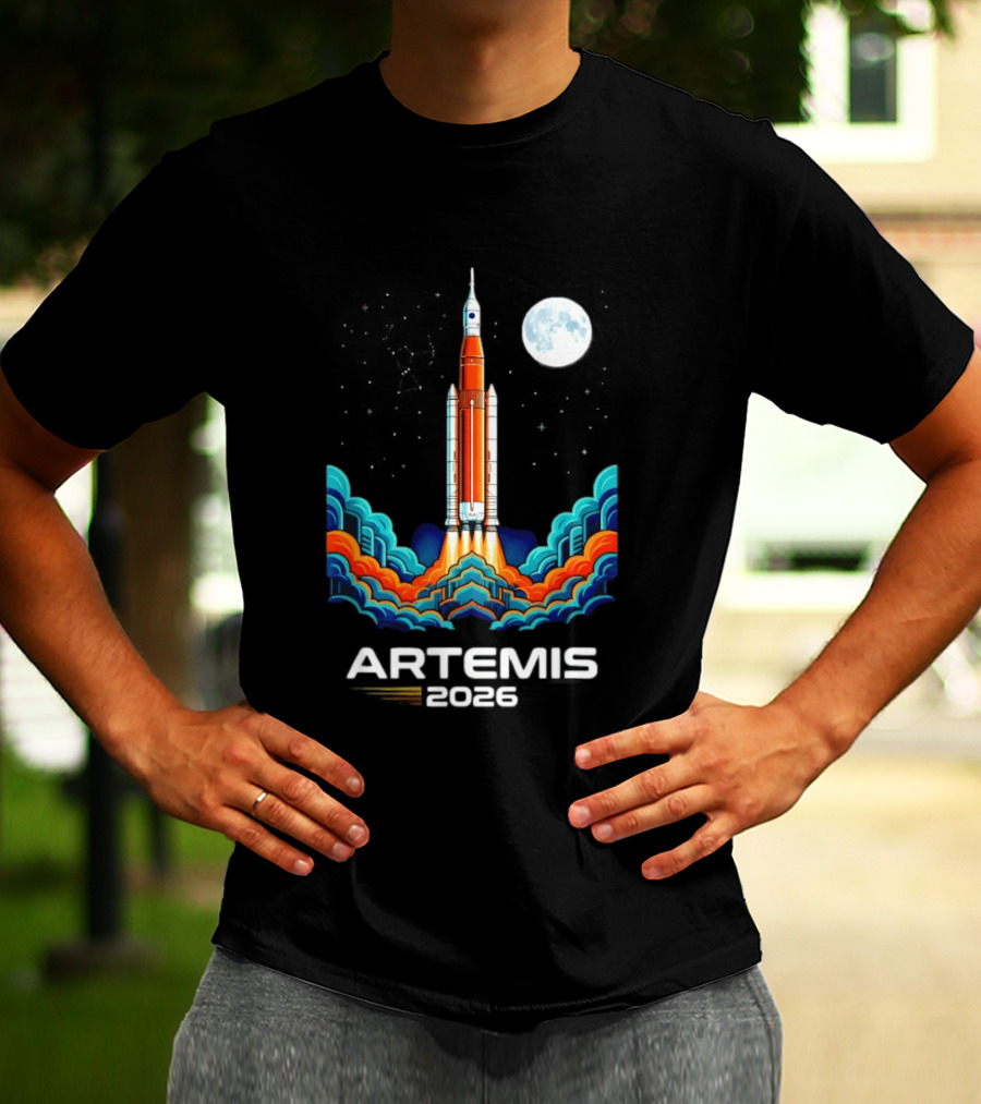 Artemis 2026 Moon Mission Rocket Launch With Vibrant Waves And Full Moon T-Shirt