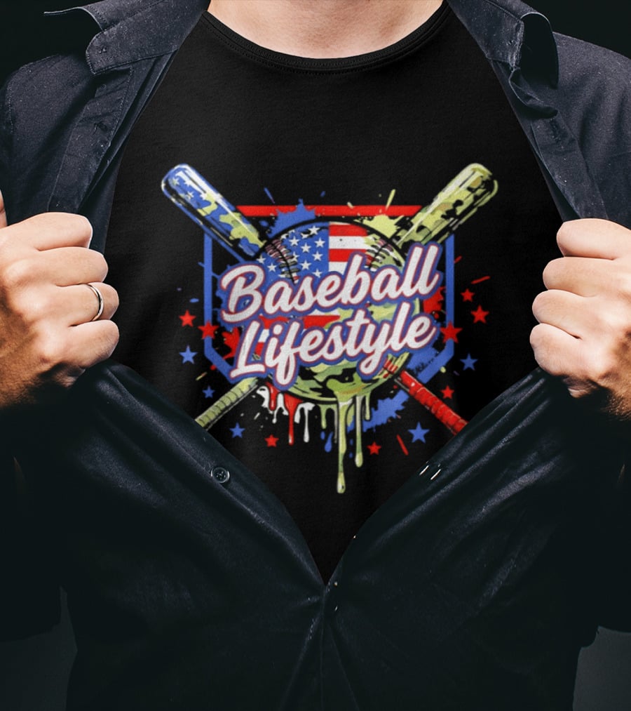Baseball Lifestyle Camo American Flag Bats Stars Paint Splatter T-Shirt