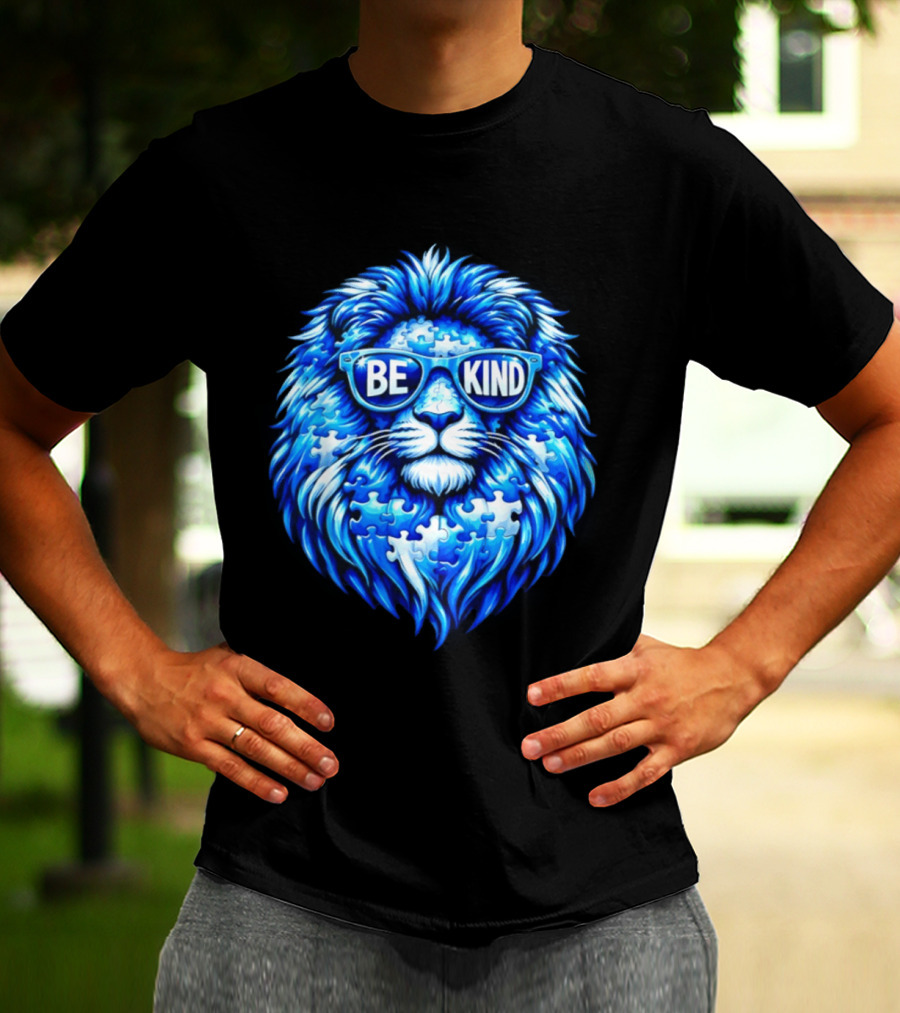 Blue Lion Be Kind Sunglasses Autism Awareness Puzzle T-Shirt