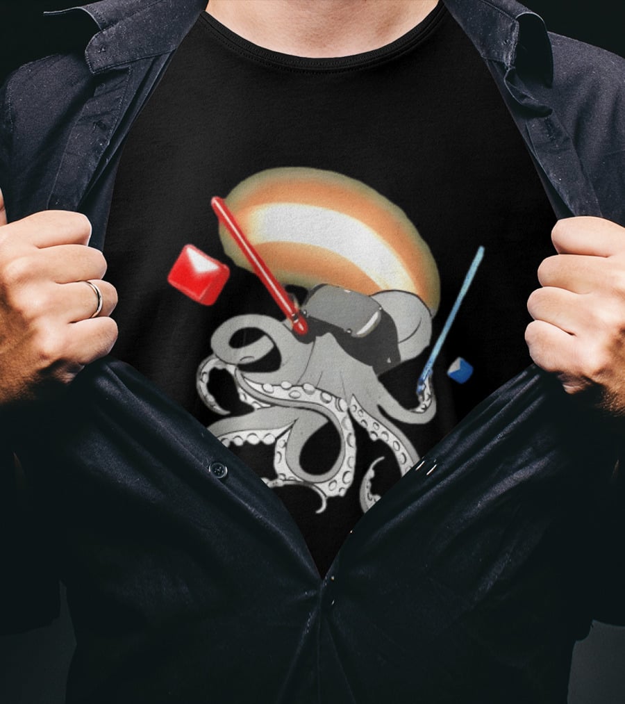 VR Headset Octopus With Red Blue Lightsabers T-Shirt