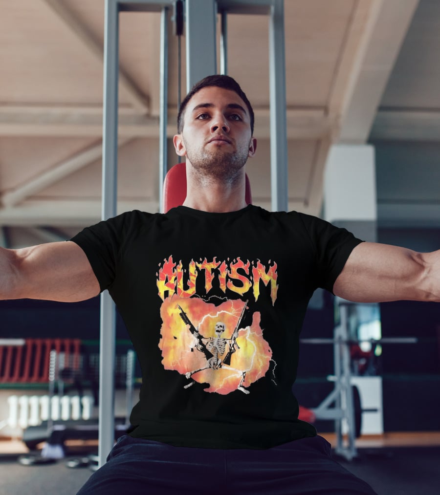 Autism Flaming Skeleton Meme Guns Edgy Fire T-Shirt