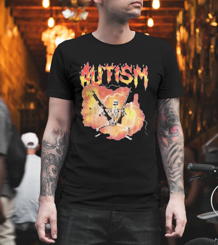 Autism Flaming Skeleton Meme Guns Edgy Fire T-Shirt