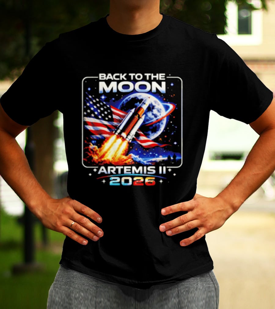 Back To The Moon Artemis II 2026 Rocket Launch Space Mission USA Flag T-Shirt