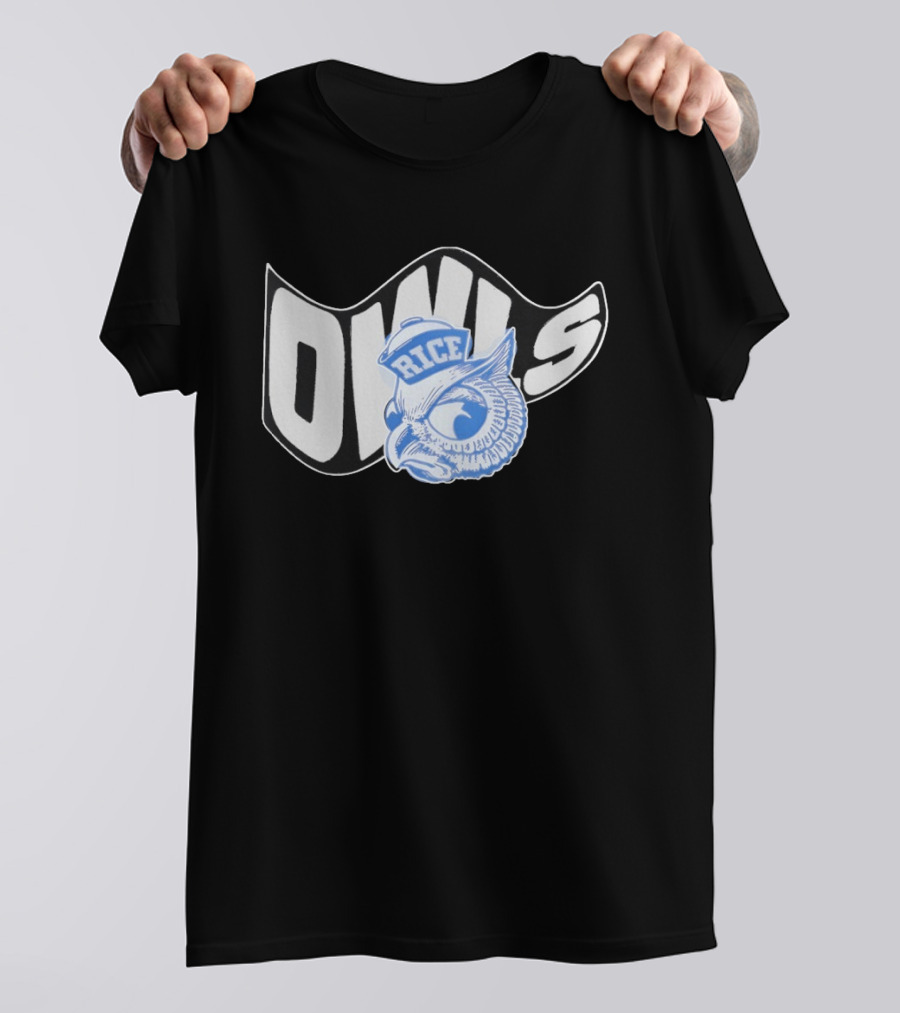 Rice Owls Waving Flag Bold Script With Blue Owl T-Shirt