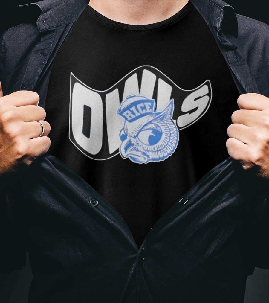 Rice Owls Waving Flag Bold Script With Blue Owl T-Shirt