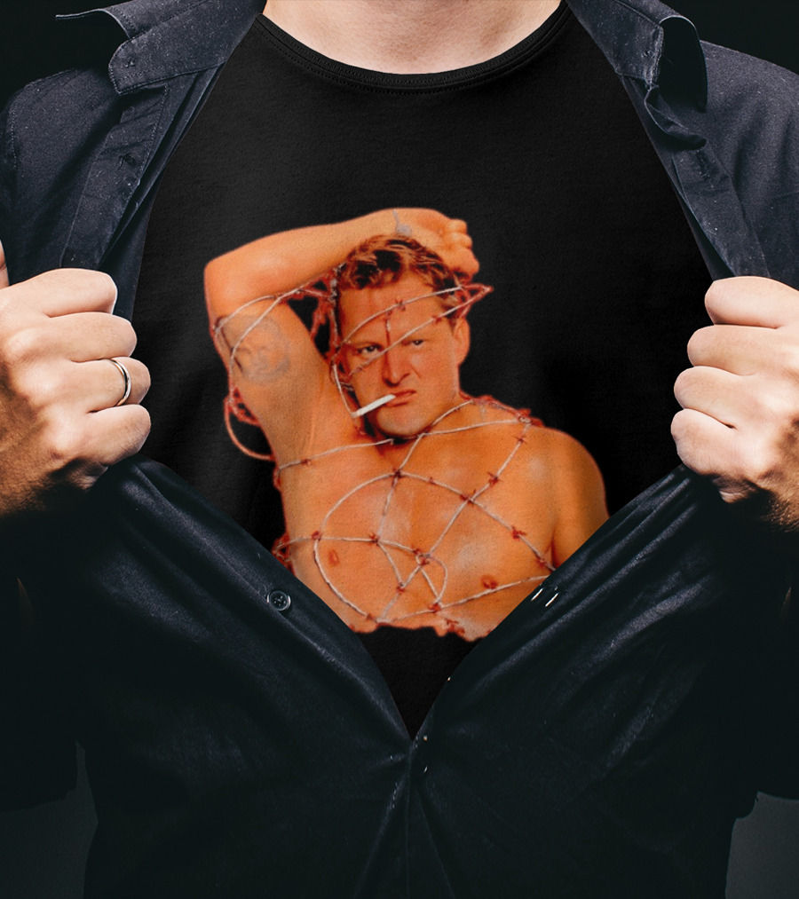 Sandman Barbed Wire Screenprinted Wrapping Wrestler With Cigarette T-Shirt