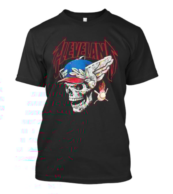 Cleveland Skull Flames Winged Helmet Baseball Bat And Ball T-Shirt