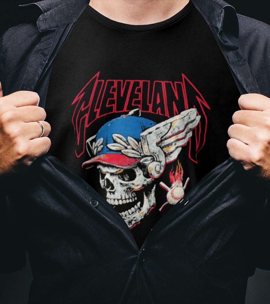 Cleveland Skull Flames Winged Helmet Baseball Bat And Ball T-Shirt