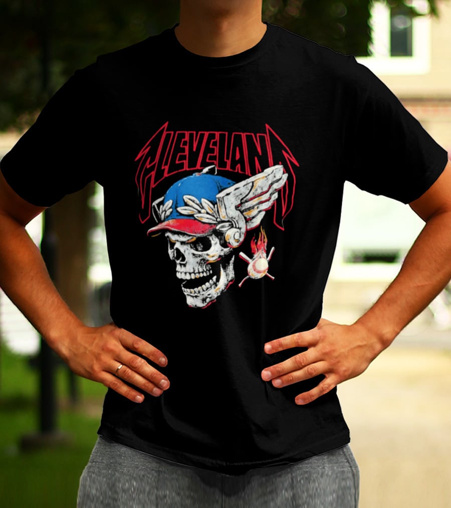Cleveland Skull Flames Winged Helmet Baseball Bat And Ball T-Shirt