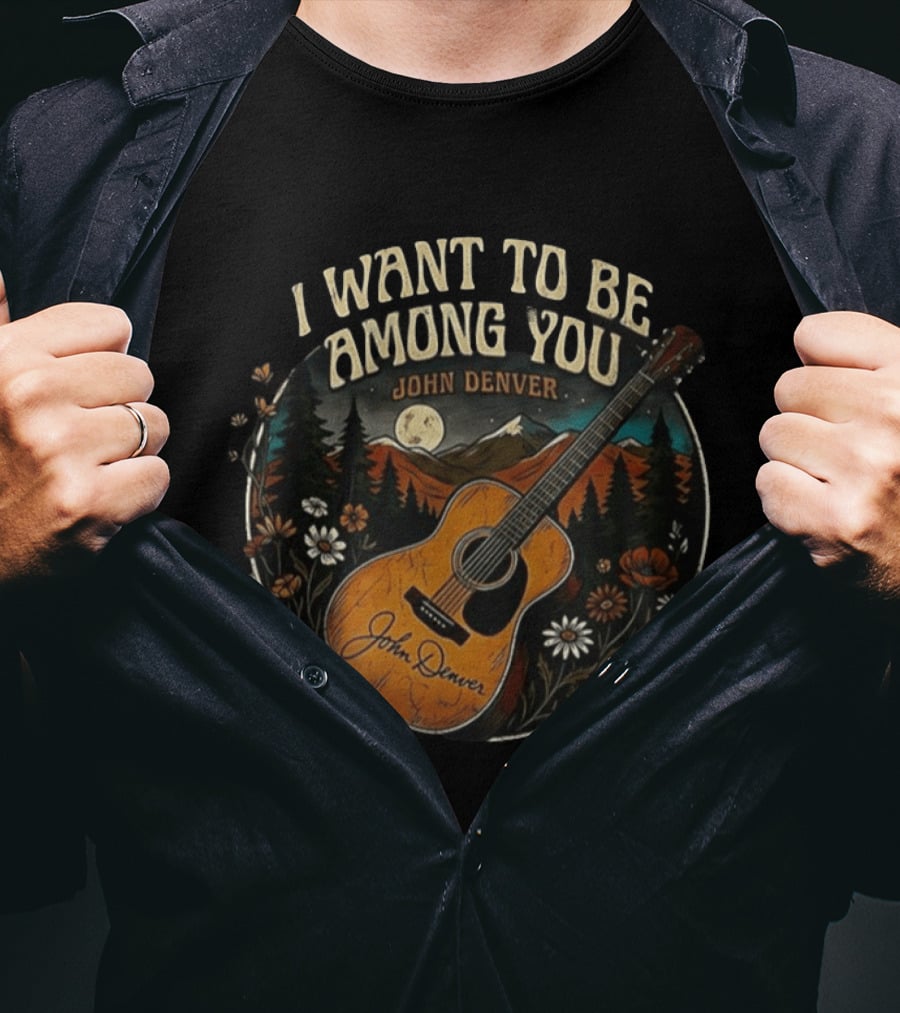 I Want To Be Among You John Denver Guitar Moonlit Mountain Scene T-Shirt