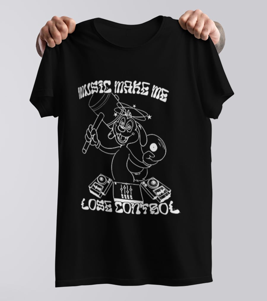 Music Make Me Lose Control Cartoon DJ Rabbit With Vinyl And Keyboard T-Shirt