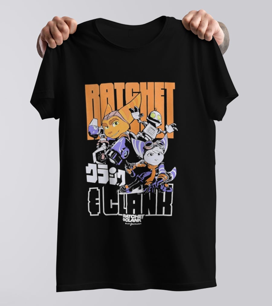 Ratchet And Clank Characters Orange And White Illustration With Japanese T-Shirt