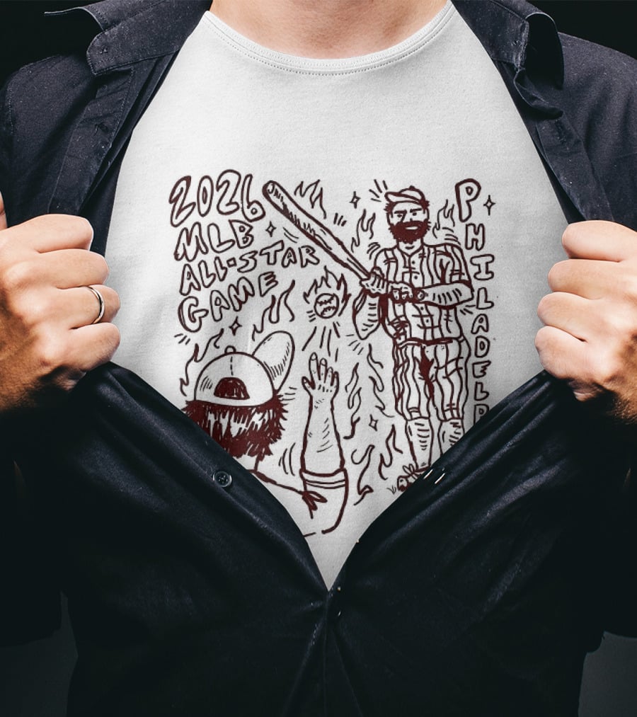 2026 MLB All Star Game Philadelphia Baseball Player And Bat With Flames And Cap T-Shirt