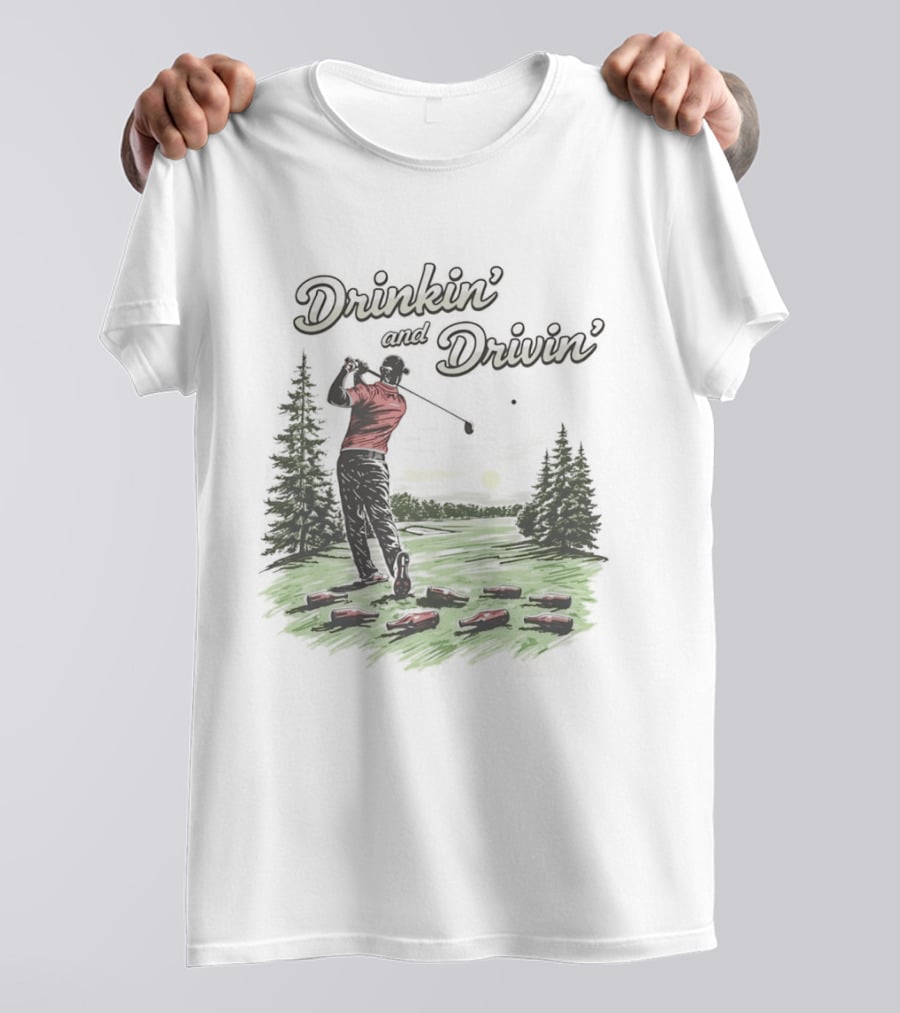 Drinkin' And Drivin' Man Playing Golf With Sunset And Trees T-Shirt