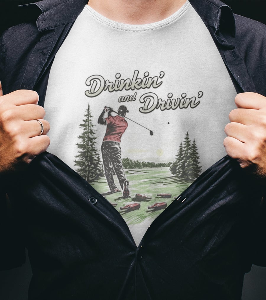 Drinkin' And Drivin' Man Playing Golf With Sunset And Trees T-Shirt